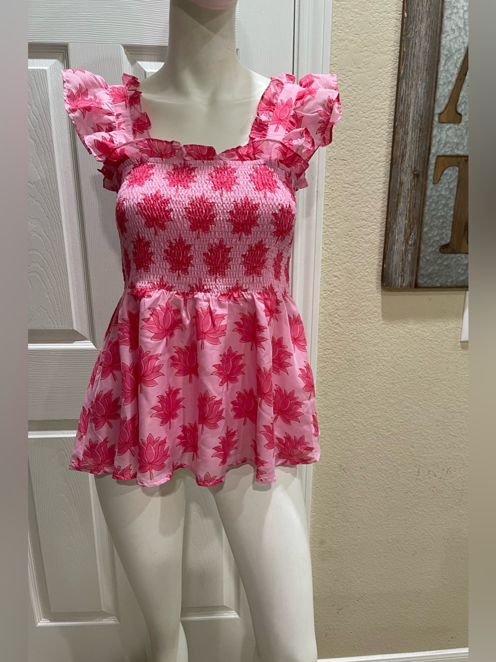J. Marie Elsie Smocked Flutter Sleeve Peplum Top Pink Lotus Size Medium